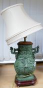 Large Oriental bronze lampbase, height to fitting 41cm.
