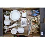 A mixed collection of items to include: plaster tramp figures, Royal Doulton Osprey decanter,