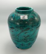 Arainian turquoise vase: decorated with fish.