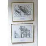 Pair 18th century prints of stocking making loom machines: Measuring 26cm x 37cm excluding mount &