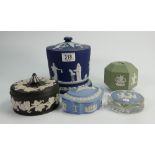 Adams Dip Blue jasperware biscuit barrel: together with similar Wedgwood items(5)