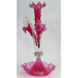 Victorian Cranberry glass Epergne: Slight loss to one curved cane,