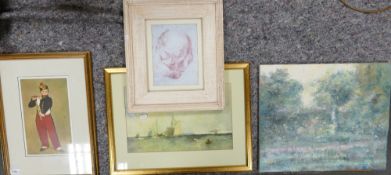 A collection of four framed pictures(4): including original oil painting by well known Menorcan