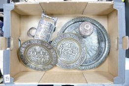 A collection of Asian metal ware: to include brass and copper plaques,
