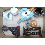 A mixed collection of items to include: Studio pottery cat, oak twist candlesticks,