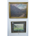 Oil painting on canvass of farm and valley scene: and a watercolour picture of a castle.