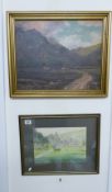 Oil painting on canvass of farm and valley scene: and a watercolour picture of a castle.