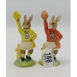 Two Royal Doulton Bunnykins Cheerleaders figures:References DB142 and DB143 both UKI limited