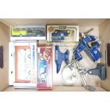 A mixed collection of items to include: model cars & hobbyist vices & tools
