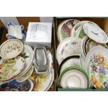 A mixed collection of items to include: decorative wall plates, blue & white sauce boat,