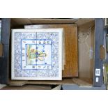 Tray lot including 2 framed polychrome tiles: Together with large size, printed on wood,