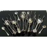 Collection of 12 pairs silver plated sugar tongs: together with an assortment of silver plated
