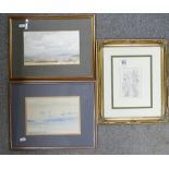 A collection of watercolour small pictures in frames: 2 coastal scenes and one church scene,