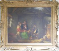 Alfred Provis 19th century oil on canvas: Romantic cottage scene with young man & girl by spinning