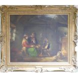 Alfred Provis 19th century oil on canvas: Romantic cottage scene with young man & girl by spinning