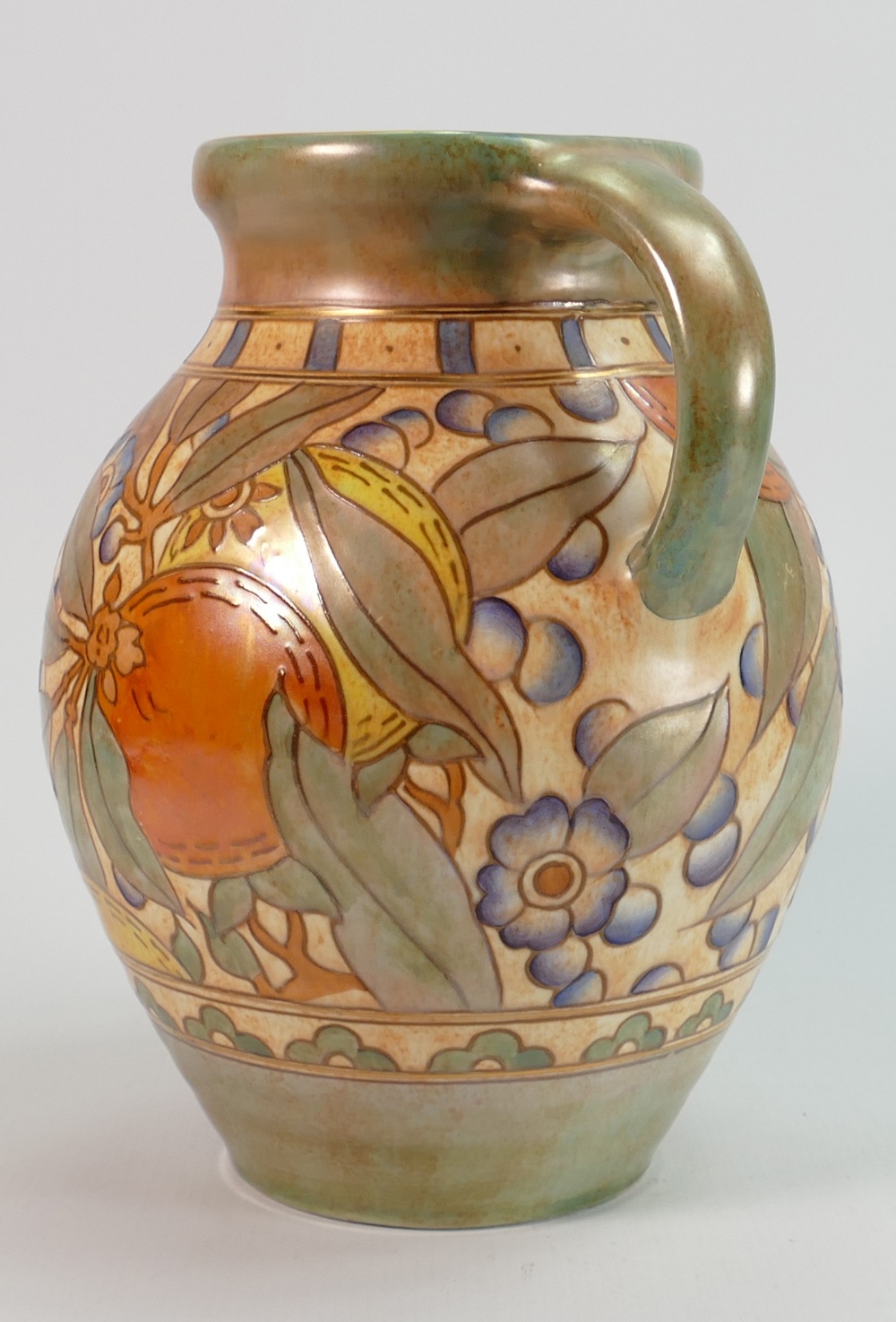 Large Charlotte Rhead Bursley ware water jug: Decorated with oranges & foliage, height 24cm. - Image 4 of 5
