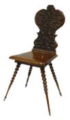 Victorian hall chair with carved back & bobbin twist legs: