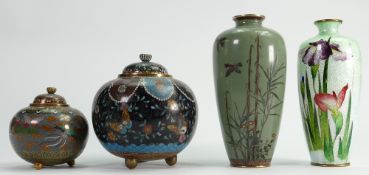 A collection of Chinese Cloisonné small vases and jars: tallest 16cm (impact damage to bright green