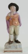 19th c Staffordshire square based figure: Man with cloak, chips to 2 base corners,