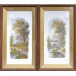 Pair of tiles hand painted with country & fishing scenes in wood frames: 36cm x 21cm.