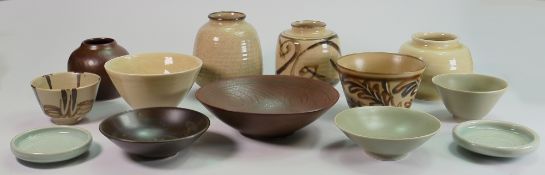 A collection of Bullers studio pottery including: Vases and dishes, some by A Hoy.