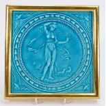 Minton Hollins and Co embossed blue tile: Decorated with a lady with deer and swallows, 20cm x 20cm.