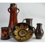 A collection of studio pottery: To include an Ewelme pottery tankard, slip ware shallow bowl,