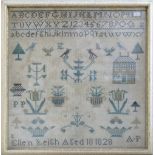 19th century framed Sampler dated 1828: Frame size 29cm x 30cm