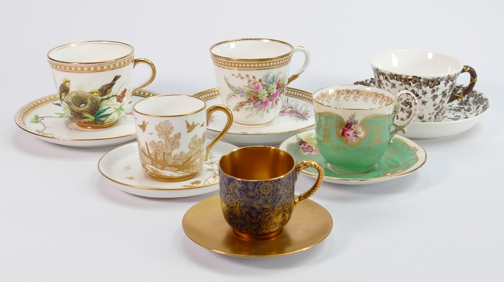 A collection of 19th century Royal Worcester cups and saucers: In various designs.