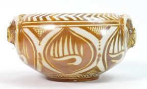 Cantagalli pottery small lustred bowl: Painted Cockerel backstamp with rams head decoration,