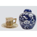Chinese ginger jar and Japanese coffee can and saucer: A Chinese blue & white ginger jar and cover
