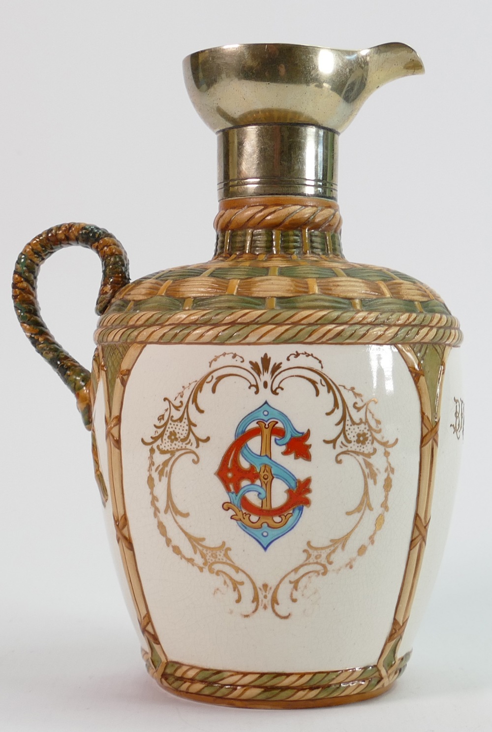 19th century Taylor Tunnicliffe Brandy decanter: Decorated with basket ware top & handle with coat - Image 4 of 5