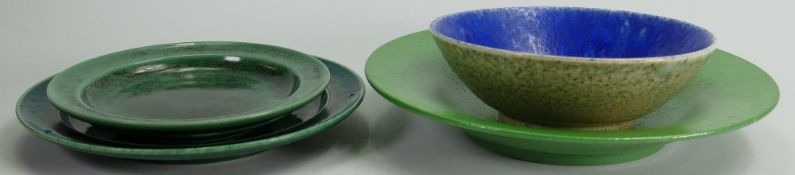 A collection of 4 various Ruskin plates & bowls in differing glazes: