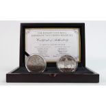 Silver two crown coin set: Comprising 1887 and 1977 silver crown, presentation box with paperwork.