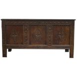 Georgian Oak three panel Blanket chest: Length 140cm x Depth 59cm x Height 74cm.