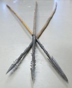 A collection of Tribal fishing spears with barbed metal heads: longest 152cm long