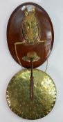 Early 20th century oak & brass dinner gong: Horse head support, size of plaque 34cm,