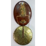 Early 20th century oak & brass dinner gong: Horse head support, size of plaque 34cm,