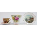 A collection of Royal Worcester hand painted items: Including coffee can & saucer painted with
