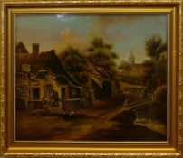 Oil painting of village scene on wood panel: In later gilt frame, 26cm x 31cm.