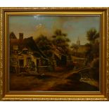 Oil painting of village scene on wood panel: In later gilt frame, 26cm x 31cm.