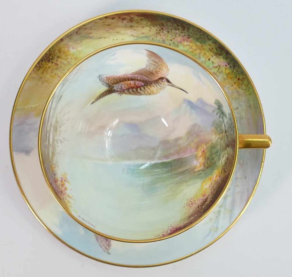 Minton hand painted cup and saucer: Decorated with Woodcock by A Holland. - Image 3 of 3