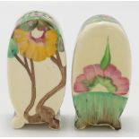 Clarice Cliff cruet set decorated in the Rhodanthe design: Comprising salt and pepper pots,