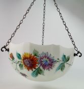 Large floral frosted glass ceiling light shade and chains: Diameter 34cm & depth 19cm.