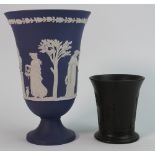 Wedgwood Jasperware dark blue and white vase together with black Basalt item: Height of tallest