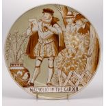 Late 19th century decorated charger Malvolio in the Garden: Diameter 27cm.