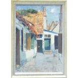 European village street scene indistinctly signed: Oil on board measuring 58cm x 40cm excluding