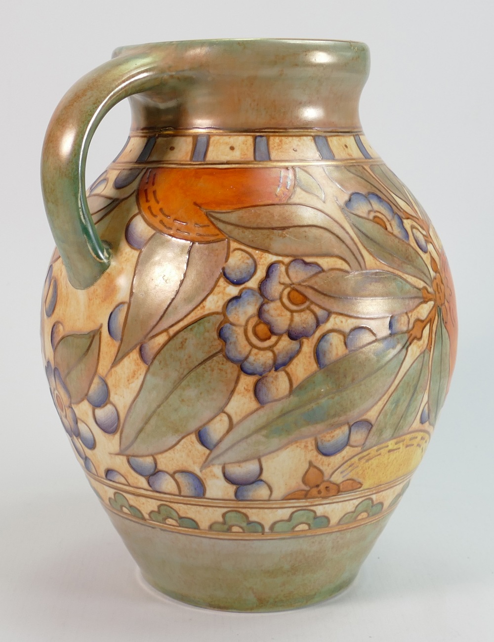 Large Charlotte Rhead Bursley ware water jug: Decorated with oranges & foliage, height 24cm. - Image 3 of 5