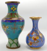 Chinese Cloisonné vases: the larger one decorated with a dragon and smaller with birds,