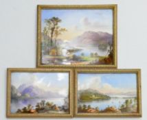 Set of 3 early 20th century English porcelain plaques hand painted with Highland Loch scenes: Two